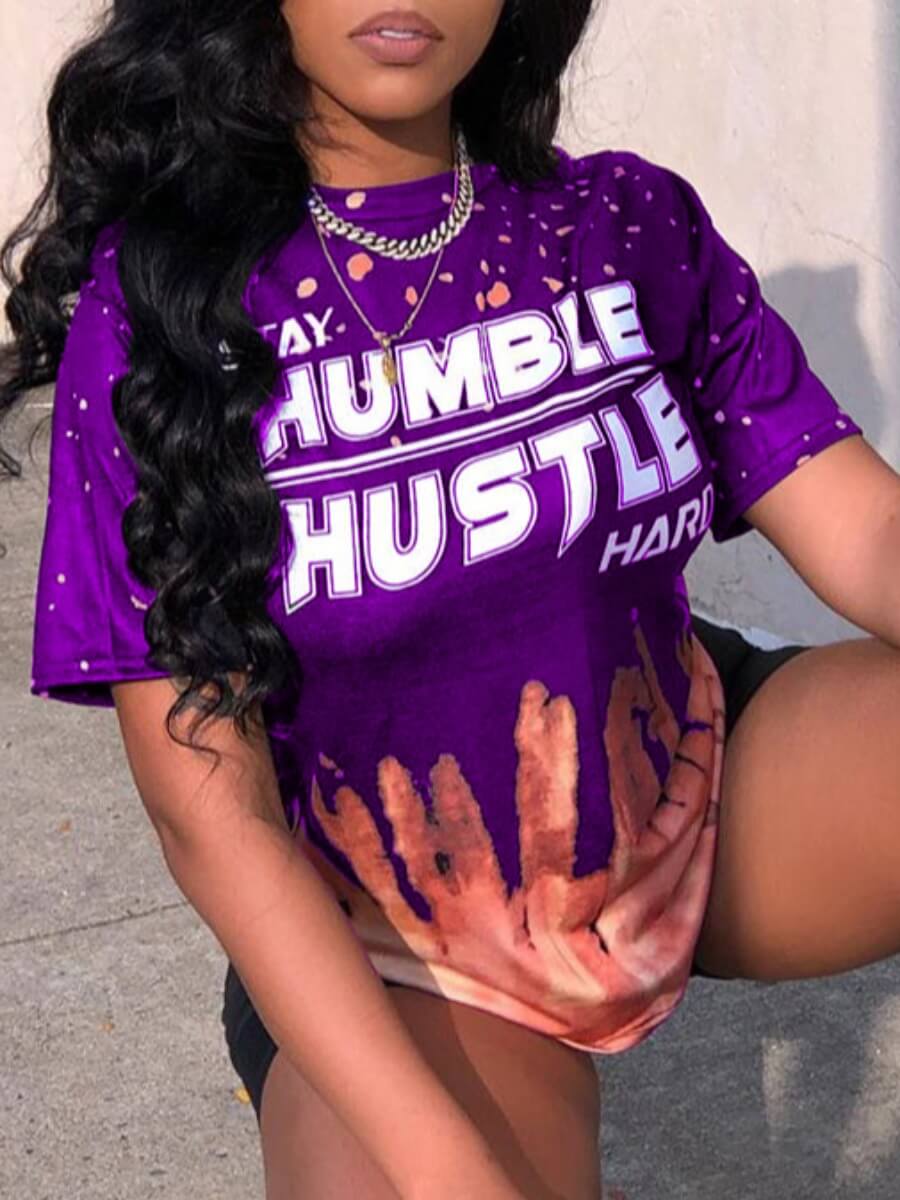 

Lovely Casual O Neck Letter Print Purple T-shirt