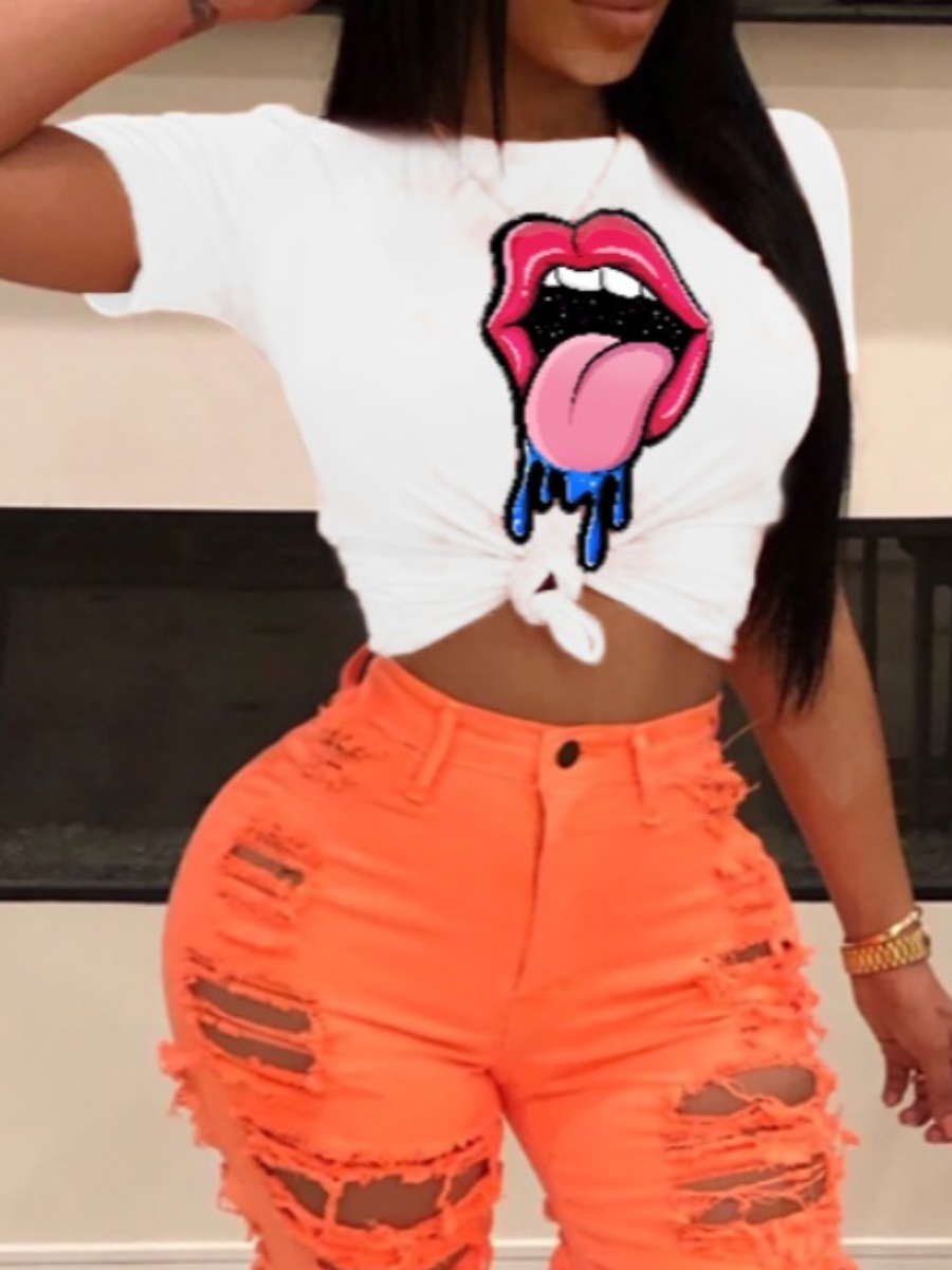 

lovely Street O Neck Lip Print White T-shirt