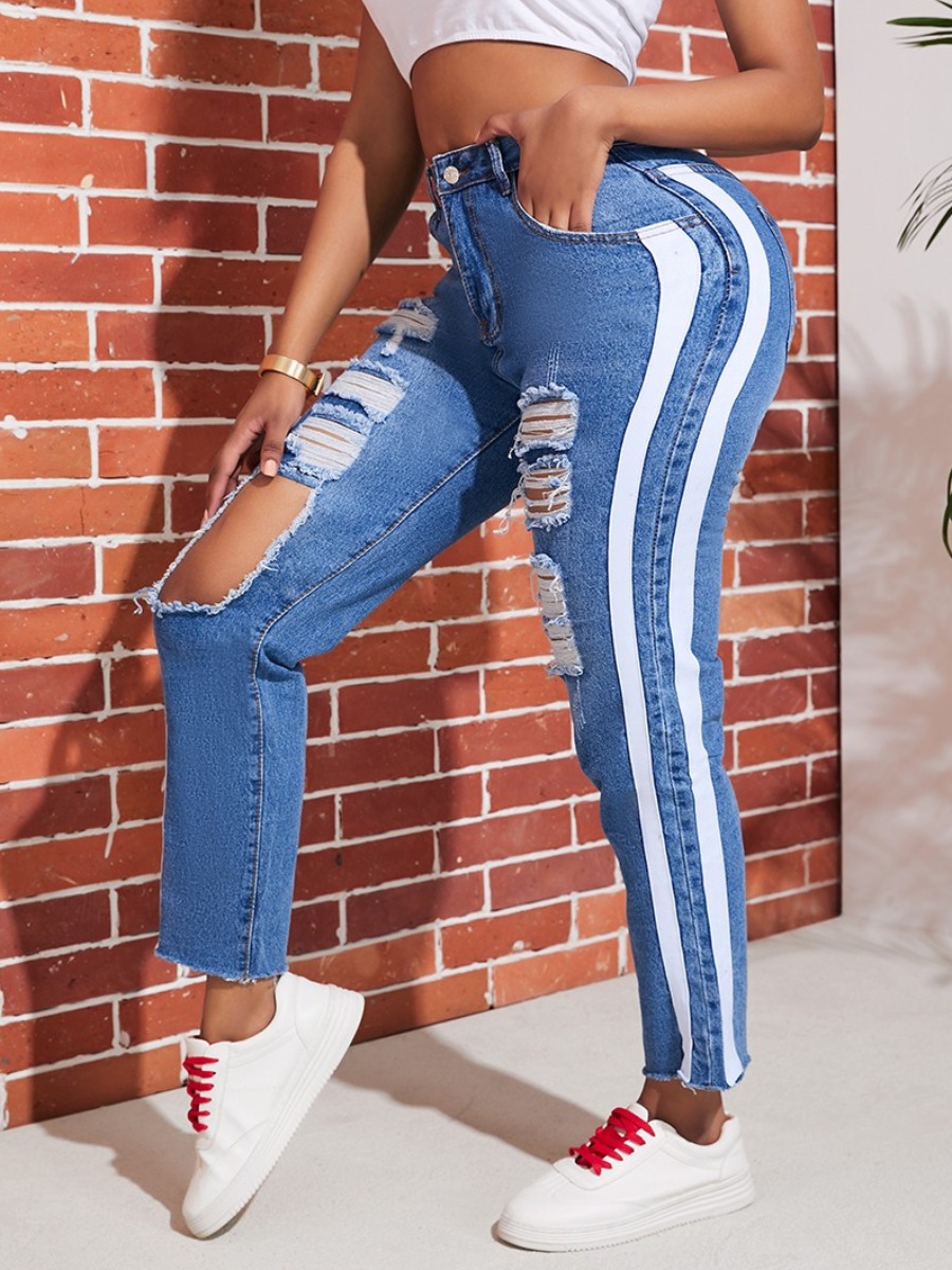 

lovely Street Patchwork Broken Holes Deep Blue Jeans