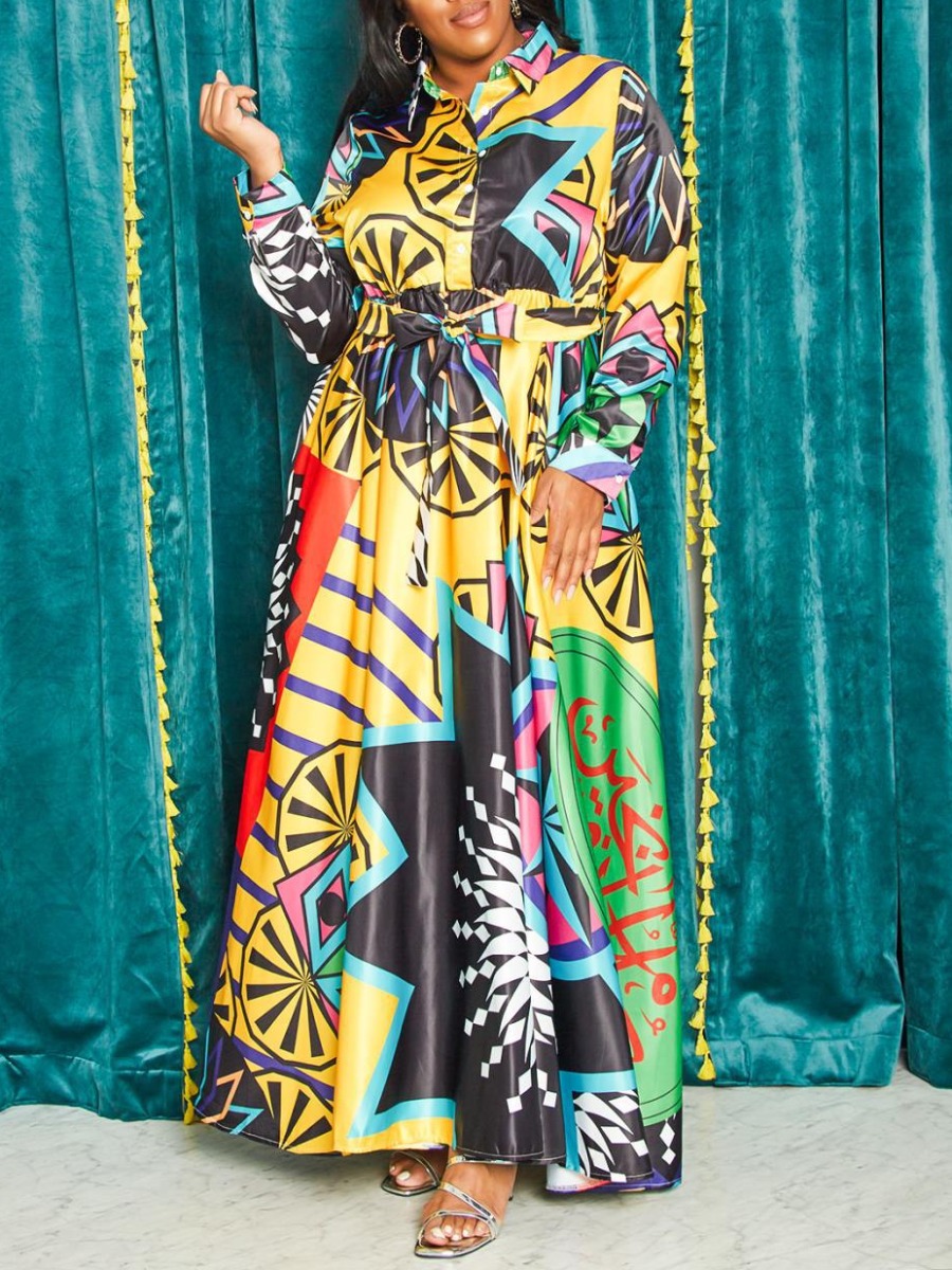 

lovely Leisure Print Yellow Maxi Plus Size Dress