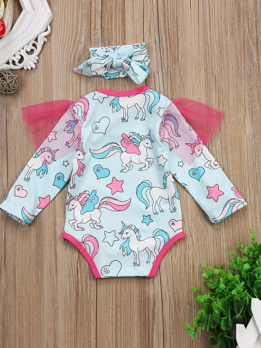 

lovely Leisure O Neck Cartoon Print Baby Blue Girl One-piece Romper
