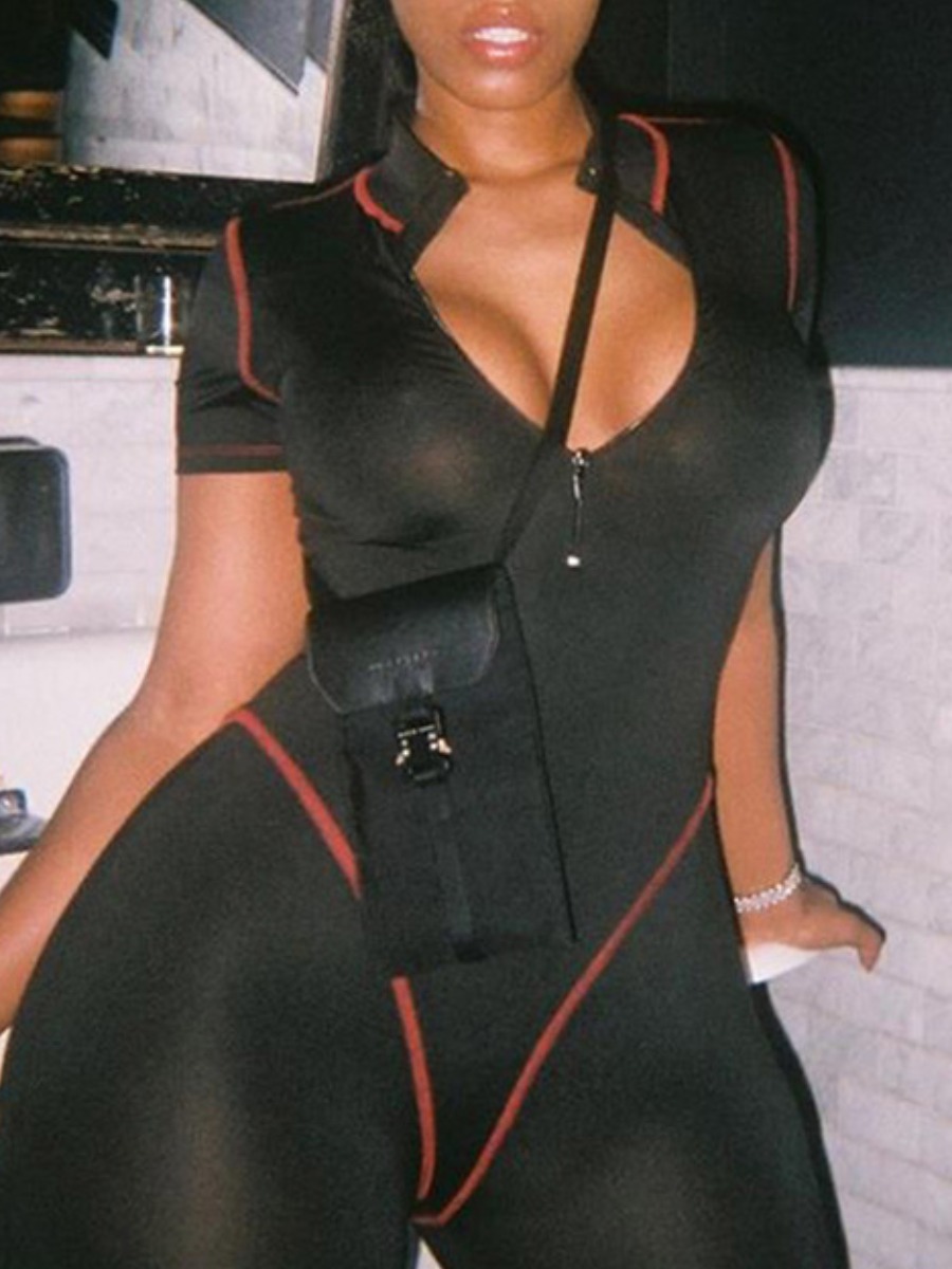 

lovely Sportswear Zipper Design Patchwork Black One-piece Jumpsuit
