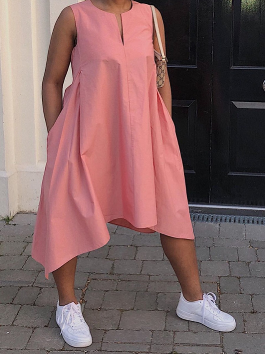 

lovely Casual O Neck Asymmetrical Pink Mid Calf Dress