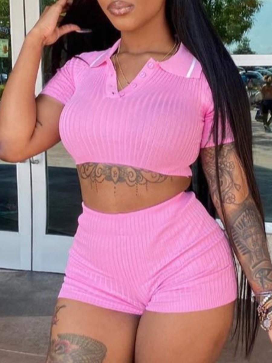 

lovely Sportswear Turndown Collar Buttons Design Pink Two Piece Shorts Set