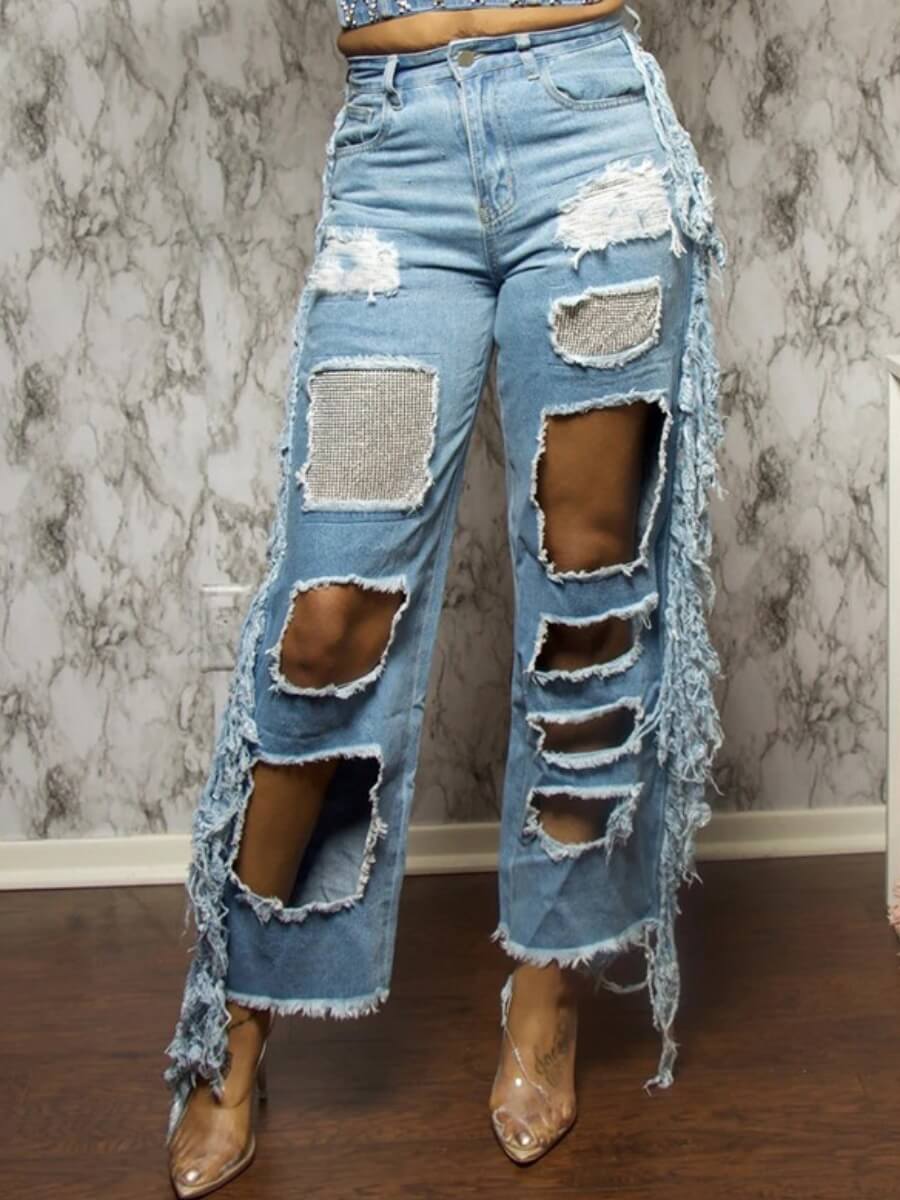 

LW Street Hollow-out Baby Blue Jeans