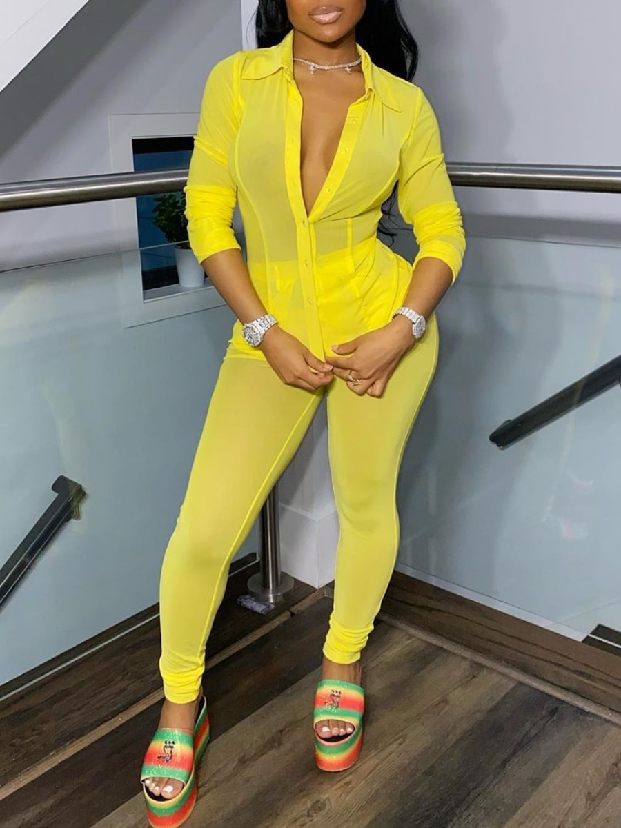 

lovely Sexy Turndown Collar See-through Yellow Two Piece Pants Set