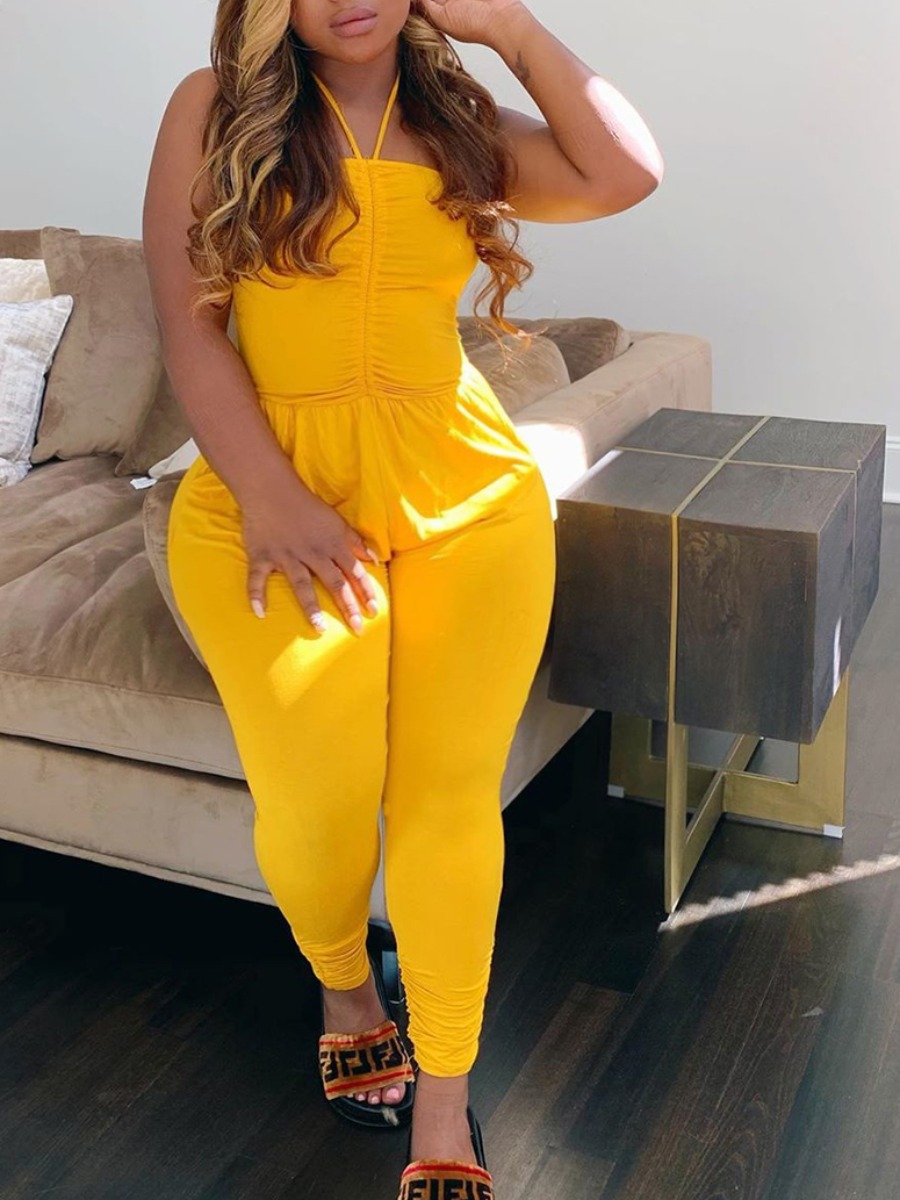 

lovely Trendy Fold Design Yellow Plus Size One-piece Jumpsuit