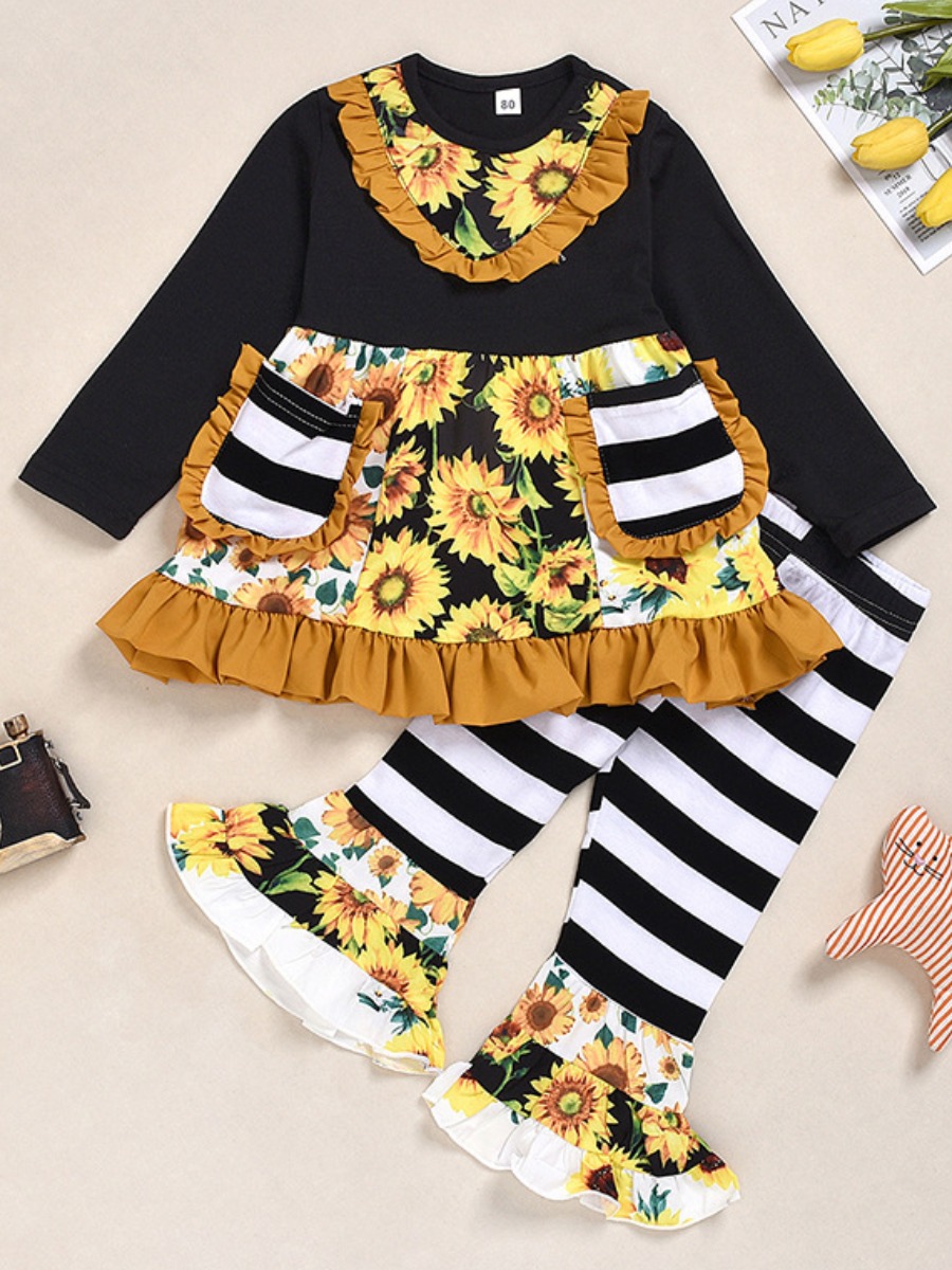 

lovely Sweet O Neck Print Patchwork Black Girl Two-piece Pants Set
