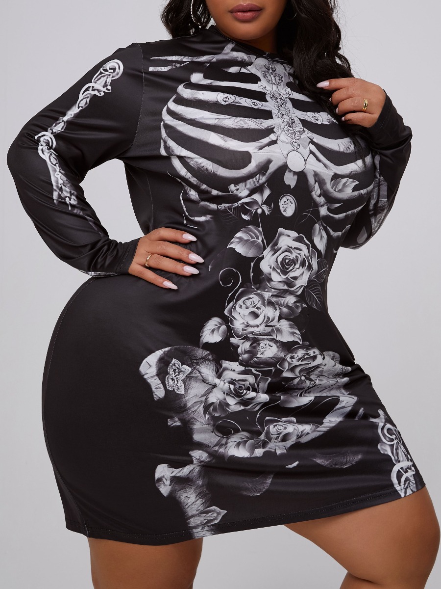 

lovely Casual O Neck Print Black Mini Plus Size Dress
