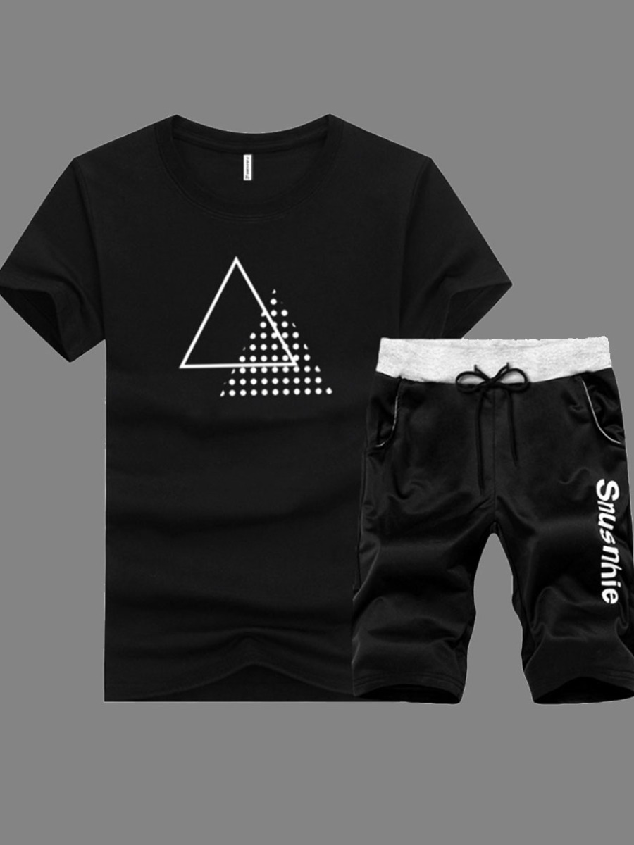 

Men lovely Leisure O Neck Print Black Two-piece Shorts Set