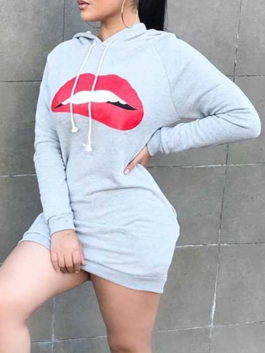

lovely Sportswear Hooded Collar Lip Print Light Grey Mini Dress