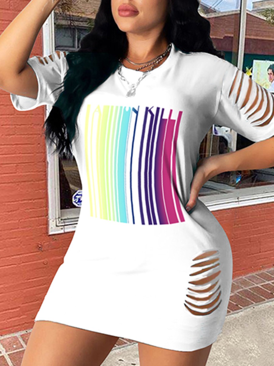 

lovely Casual O Neck Print Tear White Mini T-shirt Dress