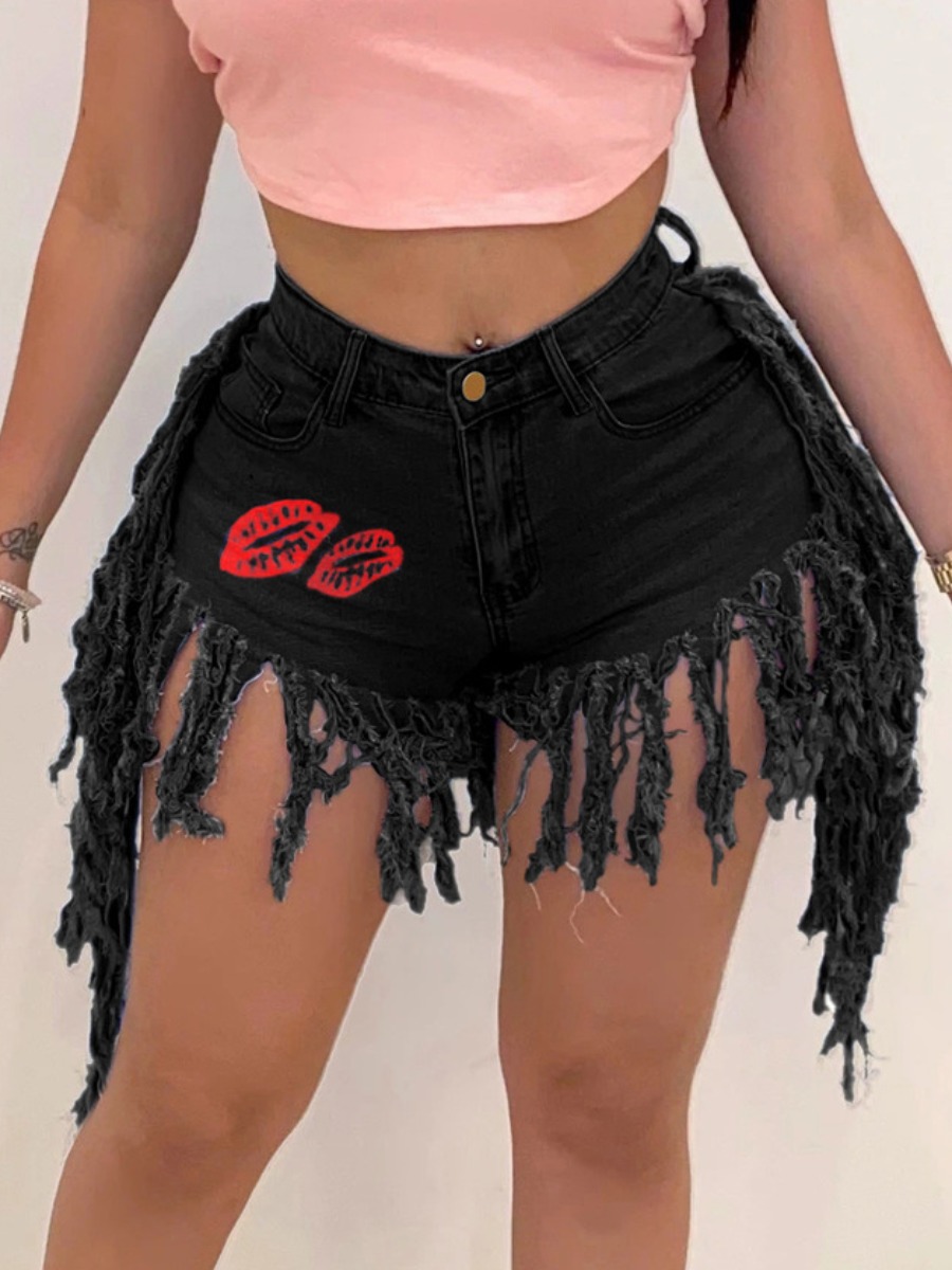 

lovely Street Lip Tassel Design Black Denim Shorts