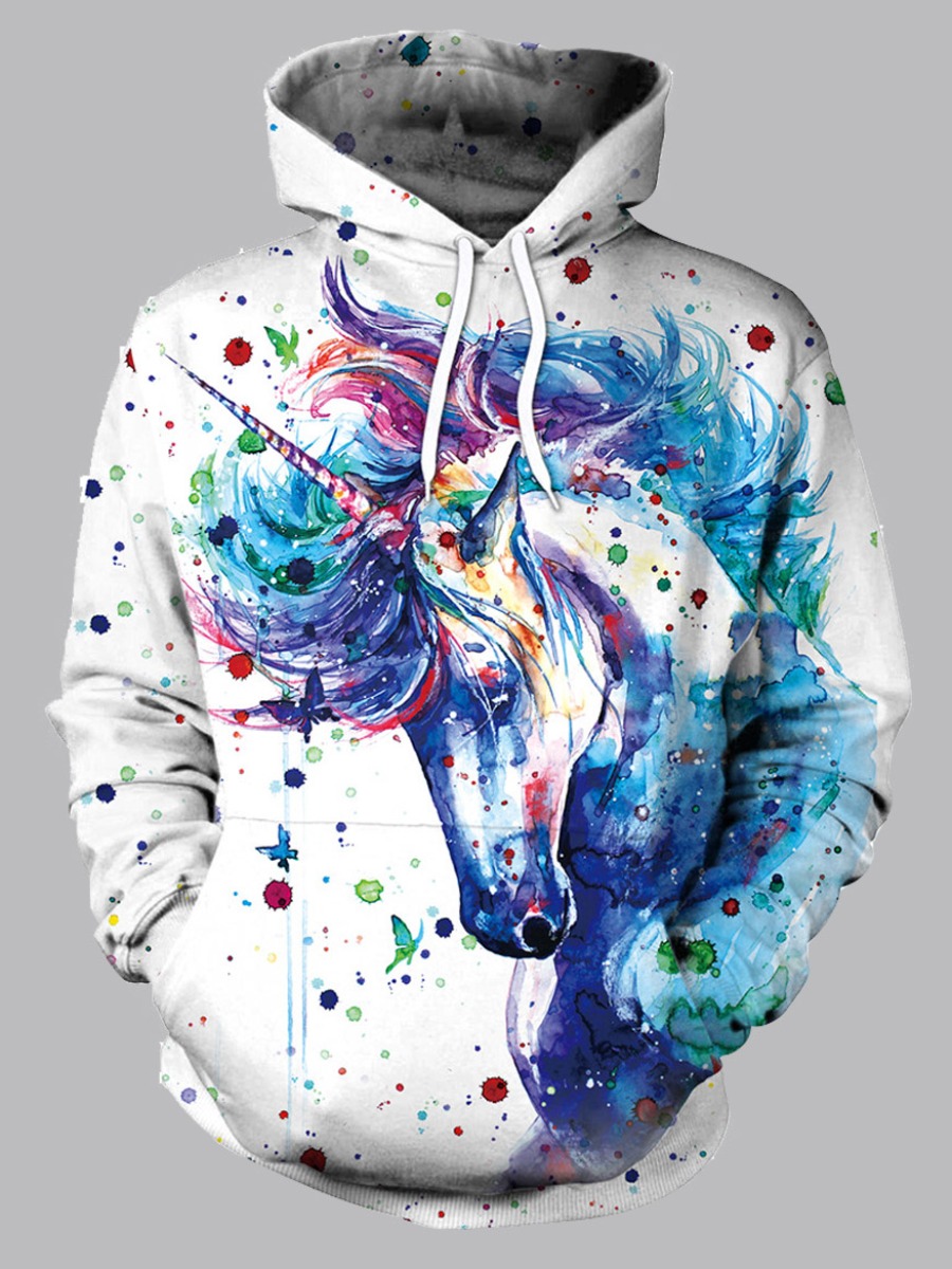 

Men lovely Street Hooded Collar Unicorn Print Blue Hoodie