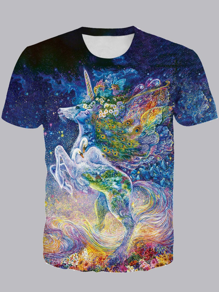

Men lovely Street O Neck Unicorn Print Deep Blue T-shirt