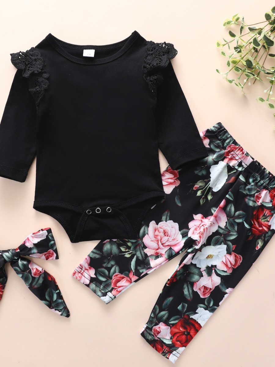 

lovely Casual O Neck Floral Print Black Girl Two-piece Pants Set