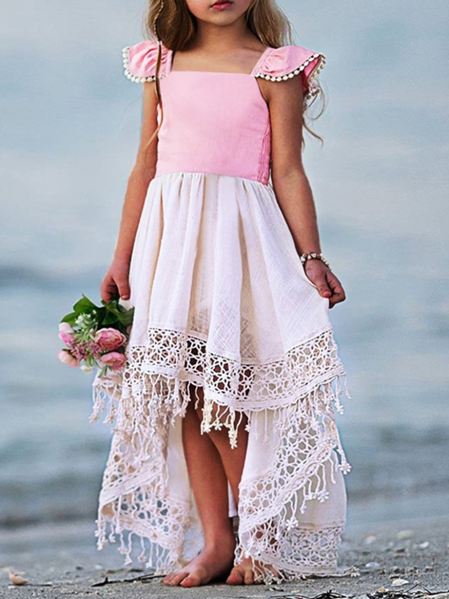 

lovely Stylish Patchwork Asymmetrical Pink Girl Knee Length Dress