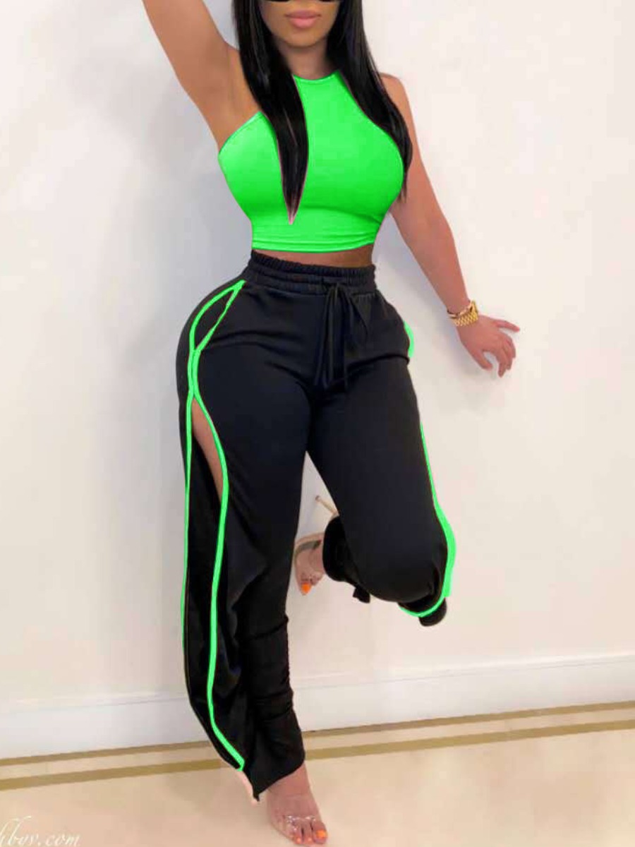 

LW Sportswear Patchwork Hollow-out Green Two Piece Pants Set