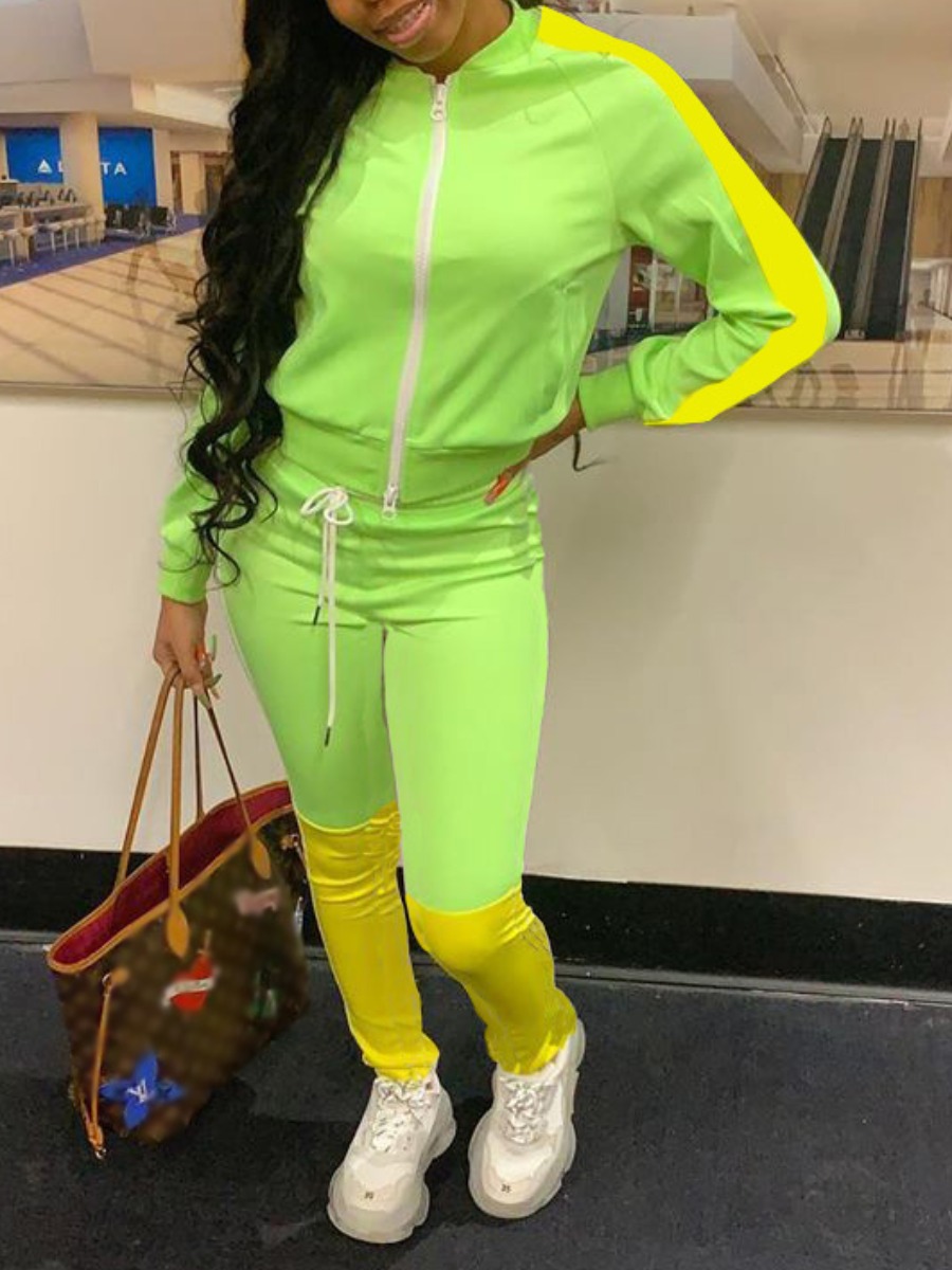 

Lovely Casual Patchwork Zipper Design Green Two Piece Pants Set