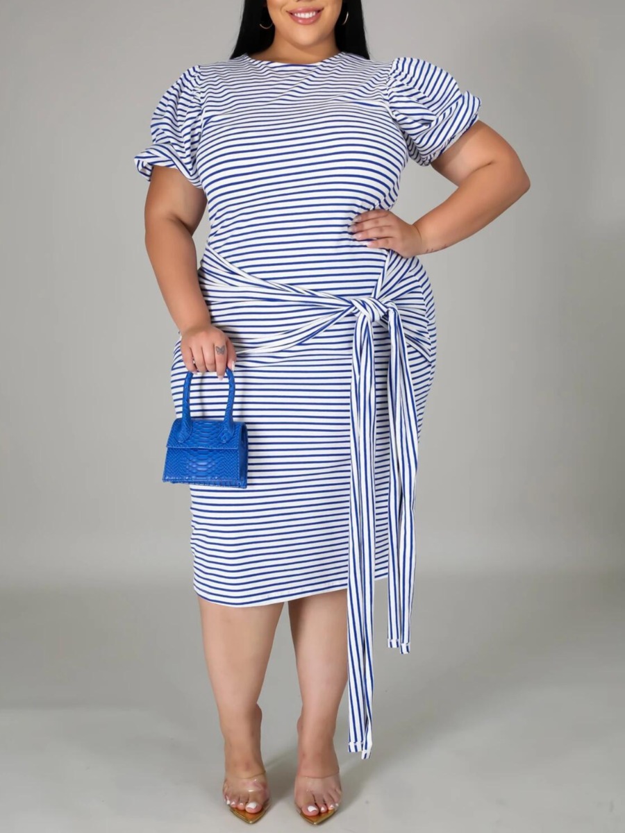 

lovely Casual O Neck Striped Knot Design Blue Knee Length Plus Size Dress
