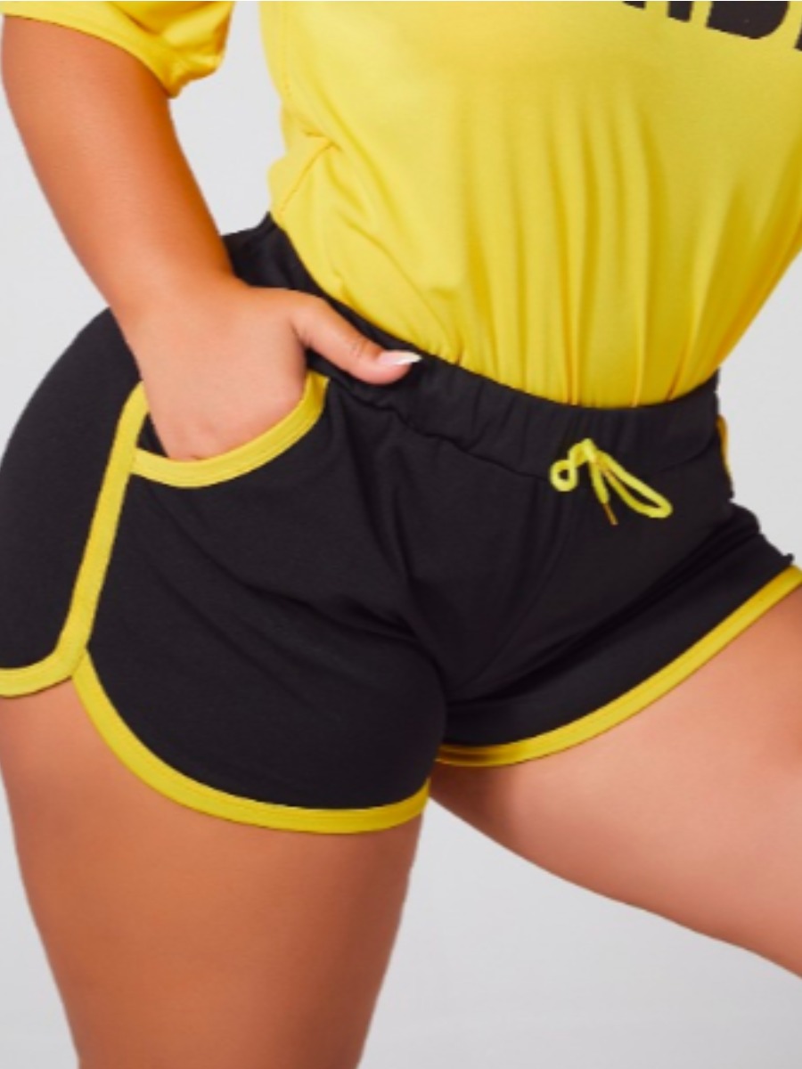 

lovely Sportswear Drawstring Patchwork Black Shorts