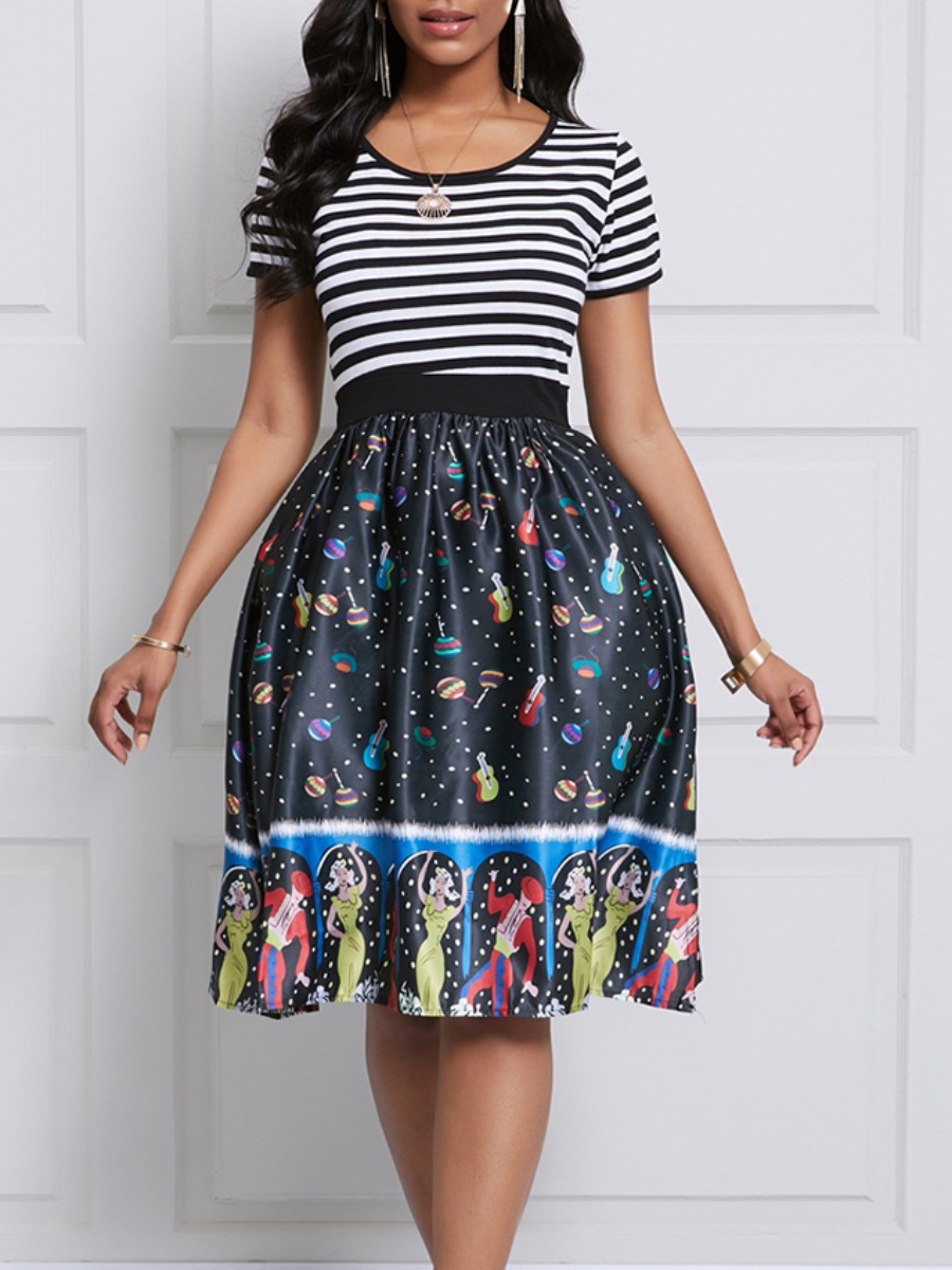 

lovely Casual O Neck Print Patchwork Black Knee Length Dress