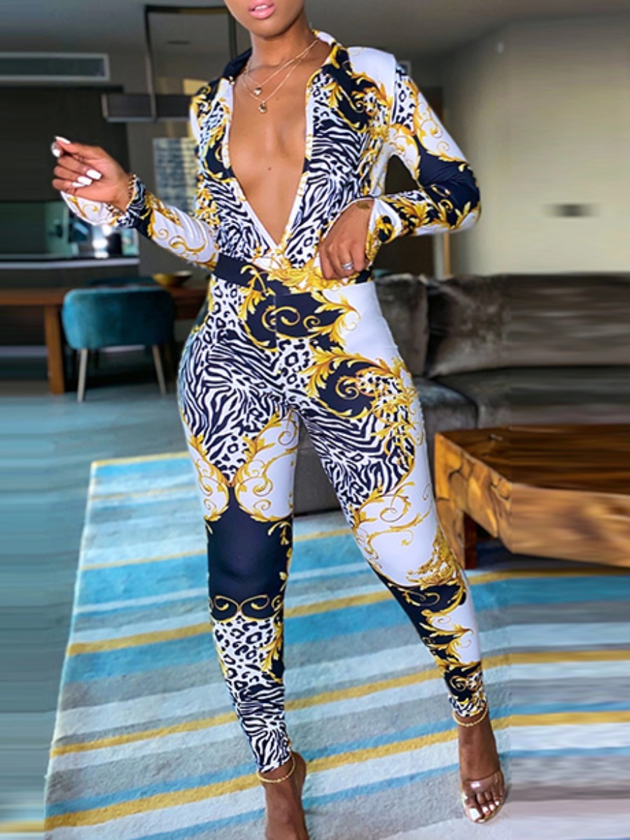

lovely Stylish Deep V Neck Versace Print White Two Piece Pants Set