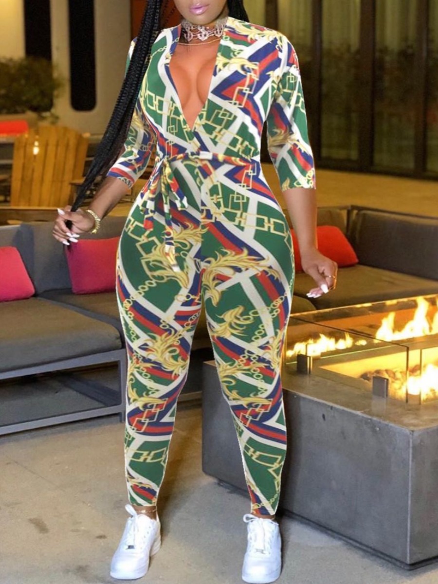 

lovely Stylish V Neck Print Green One-piece Jumpsuit