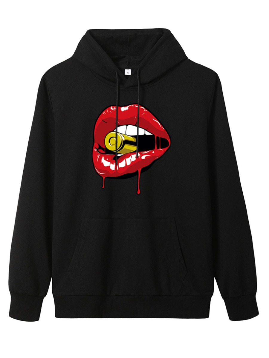 

Lovely Casual Hoodie Collar Lip Print Black Hoodie