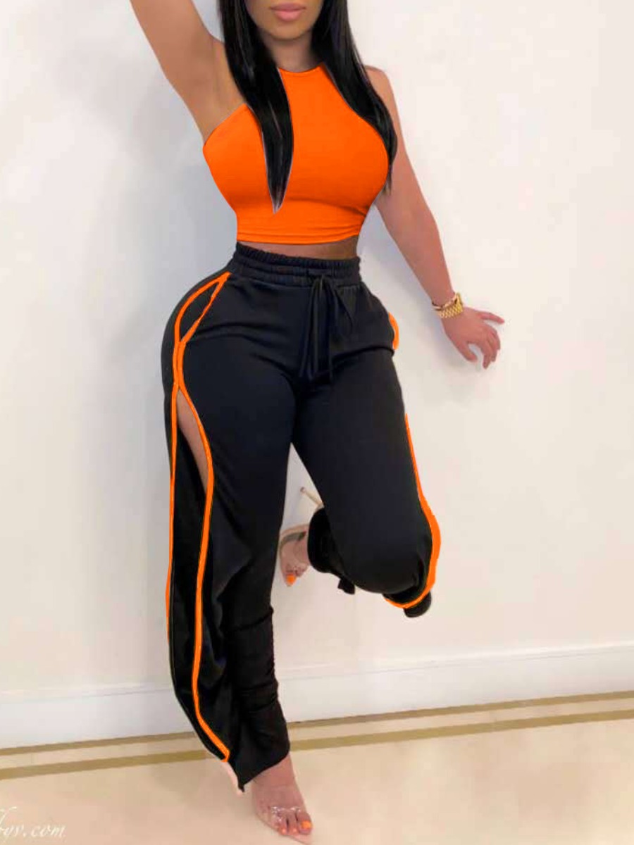 

Lovely Sportswear Patchwork Hollow-out Jacinth Two Piece Pants Set