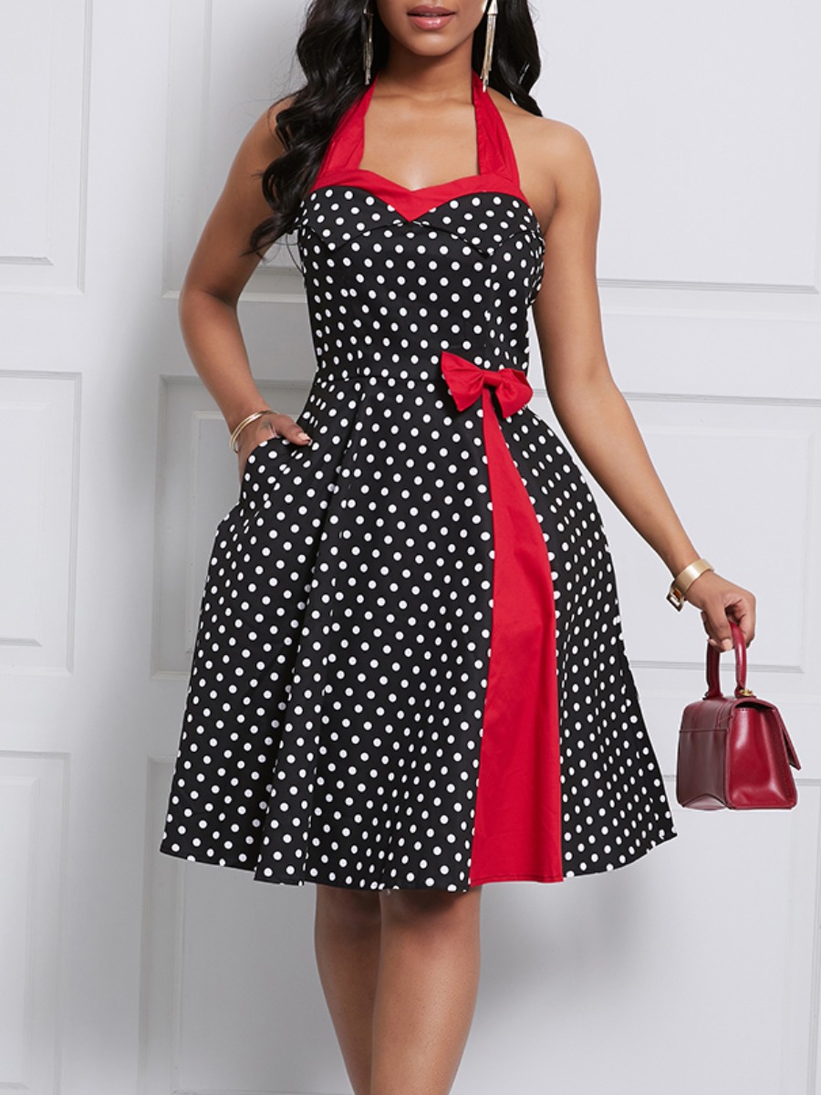 

lovely Sweet Lace-up Dot Print Black Knee Length Dress