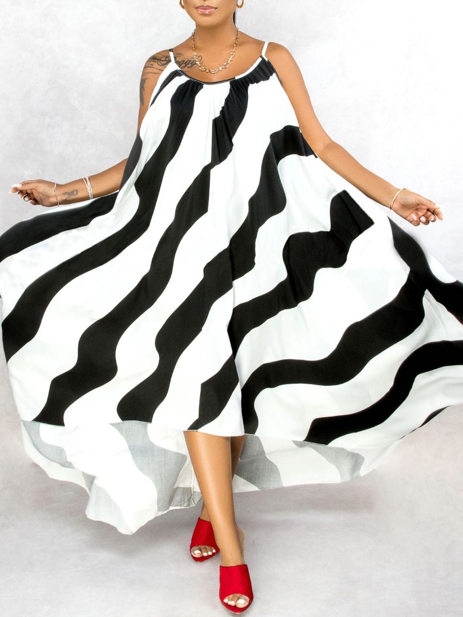 

lovely Bohemian Spaghetti Strap Striped Asymmetrical White Maxi Dress