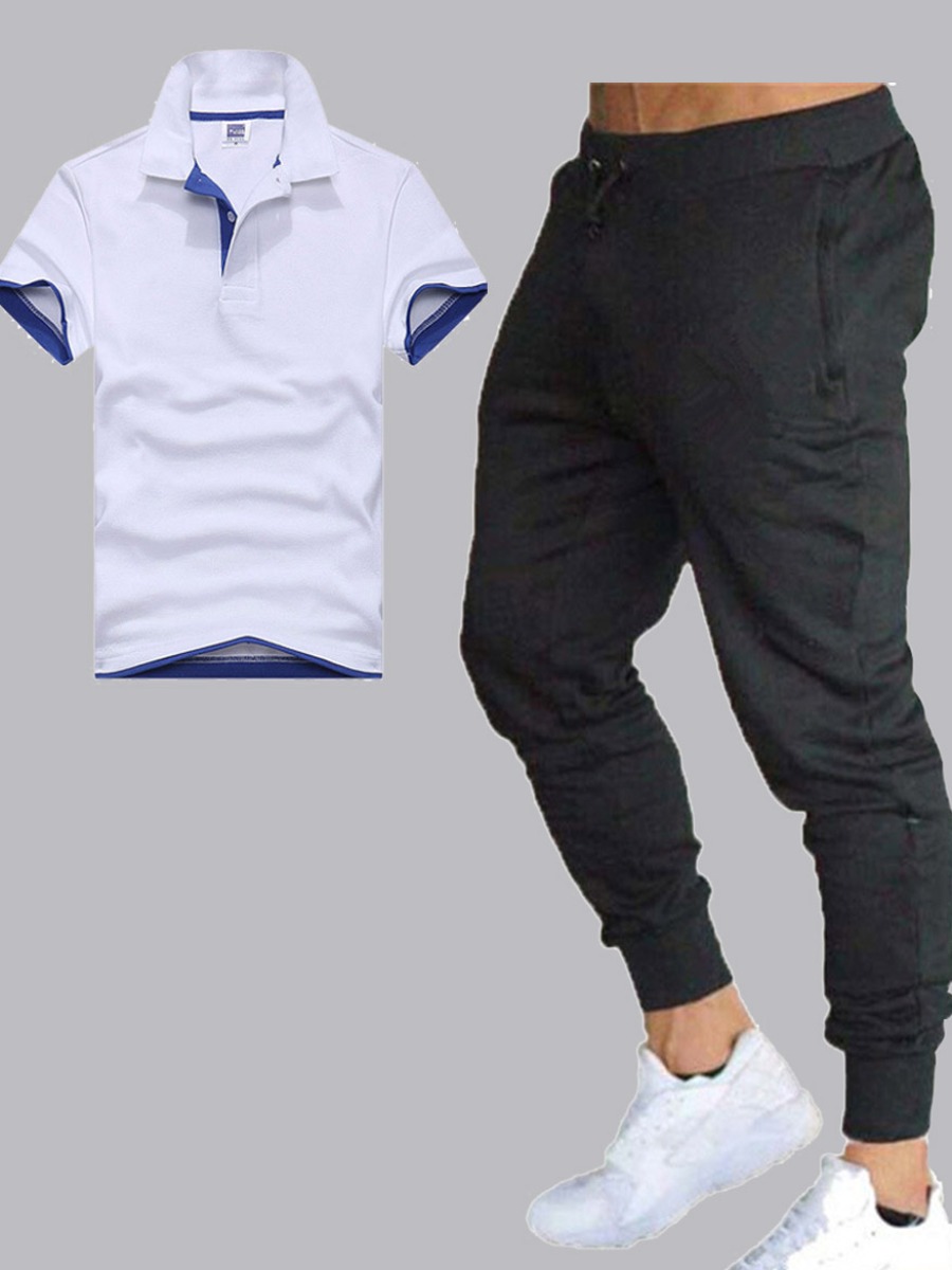

Men lovely Casual POLO Collar Patchwork White Two-piece Pants Set