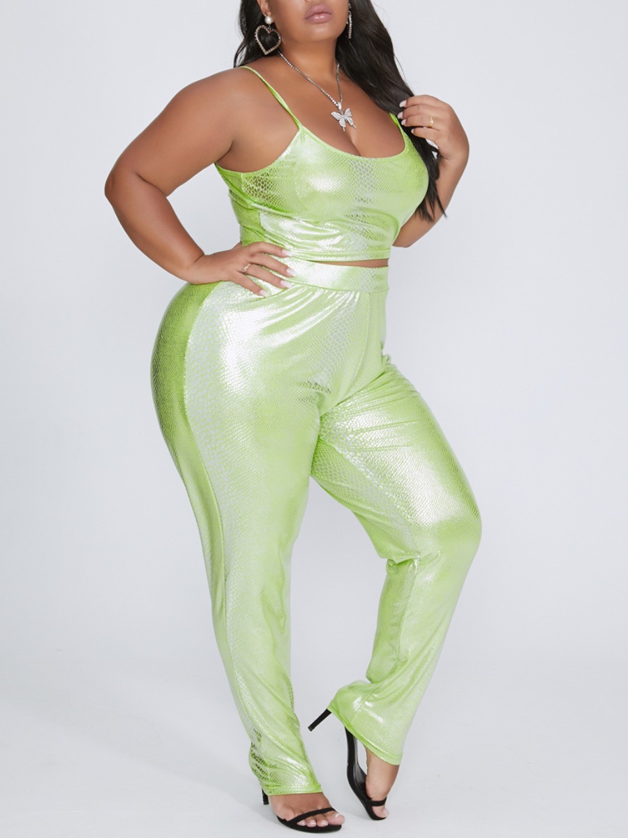 

lovely Stylish Spaghetti Strap Skinny Green Plus Size Two-piece Pants Set