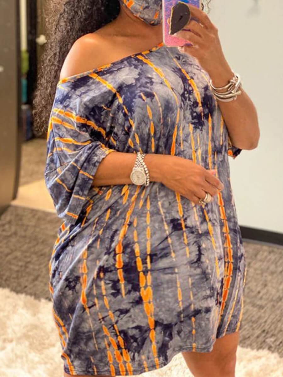 LovelyWholesale Plus Size Print Multicolor Dress Summer Half Sleeve Casual Basic Round Neck  5X Spring Summer 2024