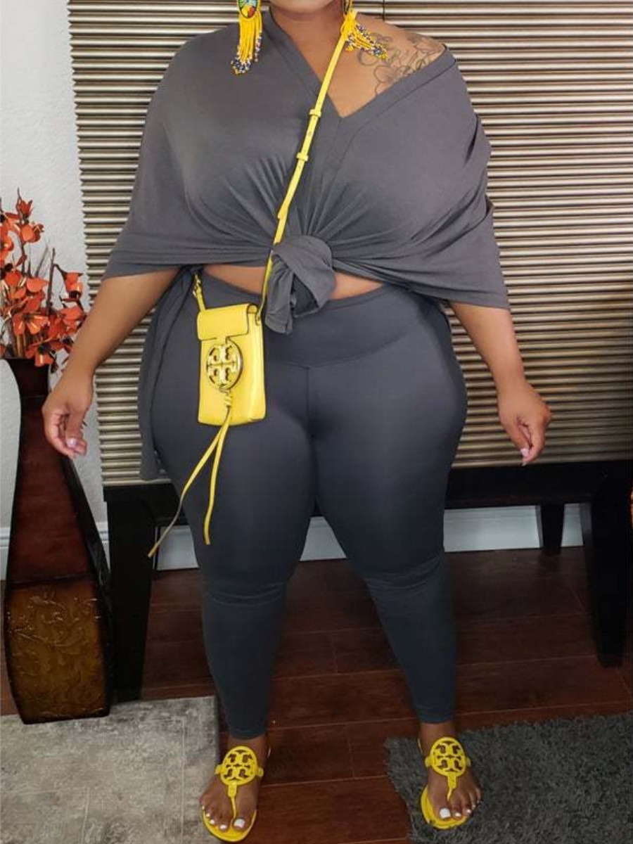

lovely Casual V Neck Basic Dark Grey Plus Size Two-piece Pants Set