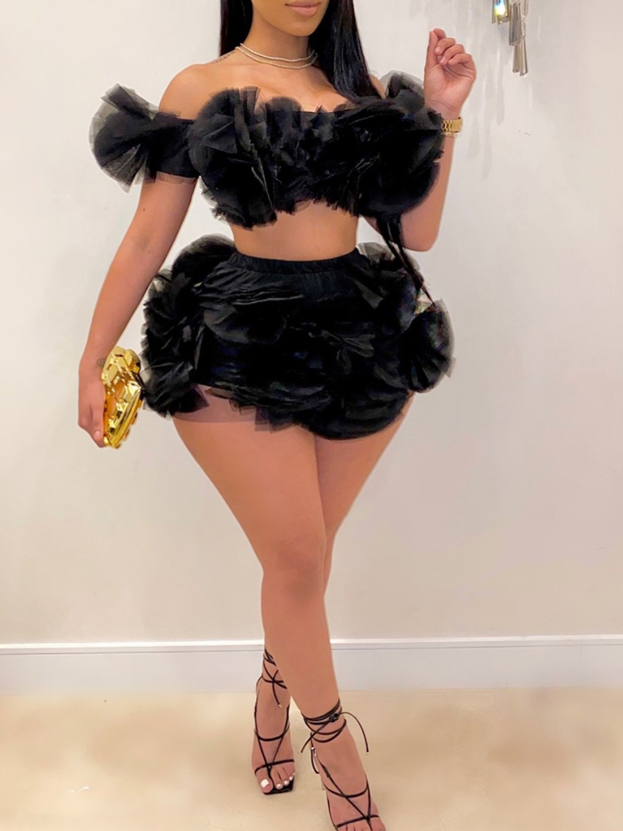 

lovely Stylish Dew Shoulder Black Plus Size Two-piece Skirt Set