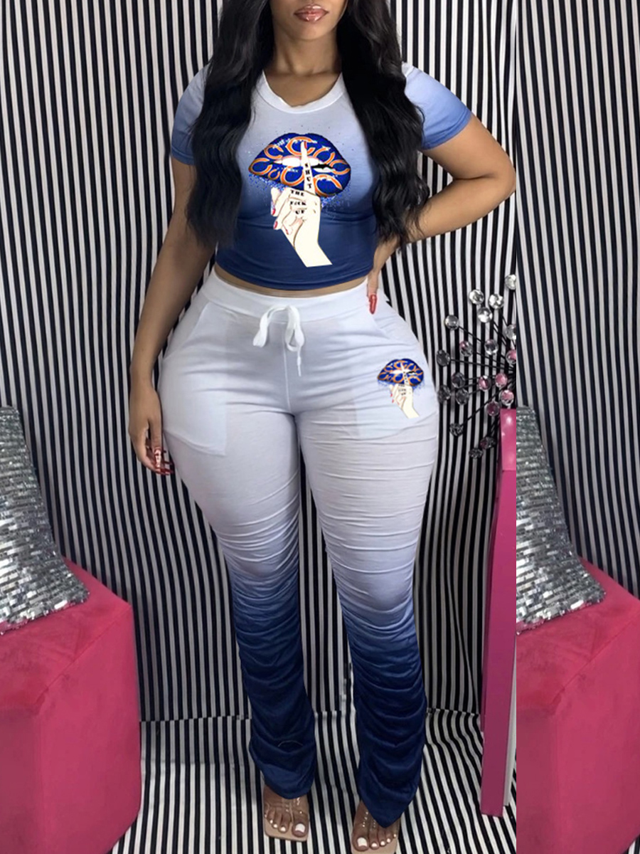 

lovely Casual O Neck Gradient Lip Print Blue Plus Size Two-piece Pants Set