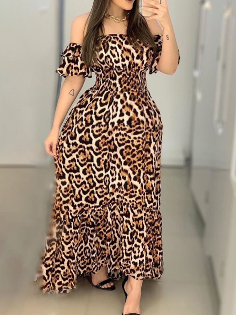 

lovely Bohemian Dew Shoulder Leopard Print Ankle Length Plus Size Dress