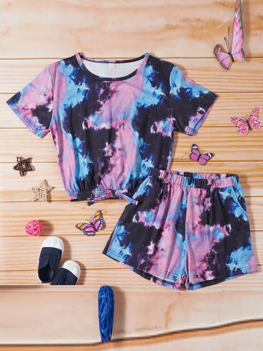 

lovely Street O Neck Tie-dye Purple Girl Two-piece Shorts Set