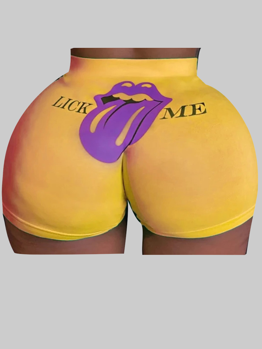 

lovely Sportswear Lip Print Yellow Plus Size Shorts