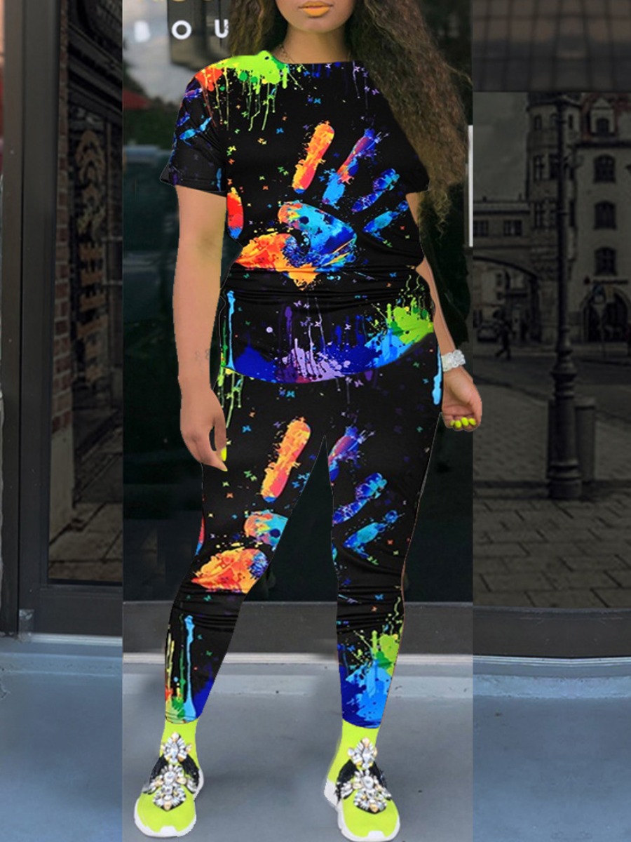 

lovely Leisure O Neck Graffiti Print Black Two Piece Pants Set