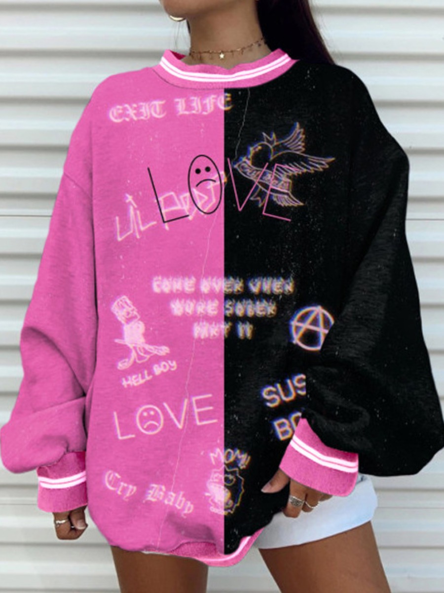 

Lovely Street O Neck Letter Print Patchwork Black Hoodie