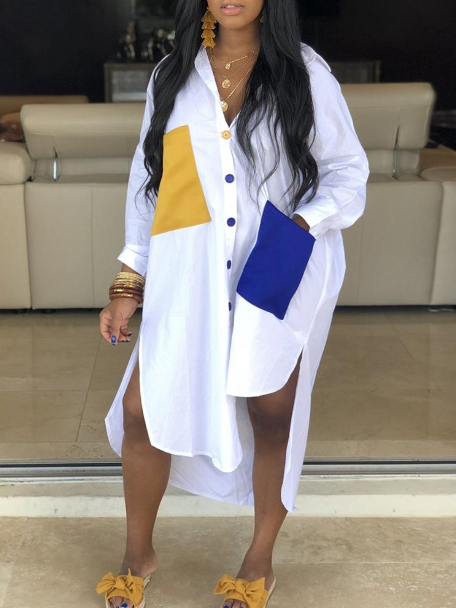 

Lovely Trendy Shirt Collar Pocket Patched White Mid Calf Dress