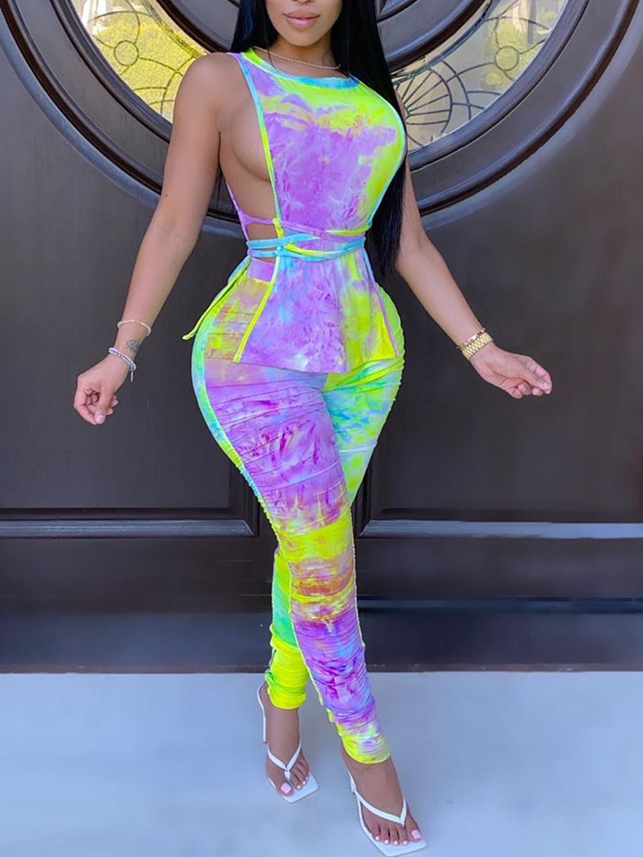 

lovely Trendy Tie Dye Hollow-out Multicolor Two Piece Pants Set, Multi
