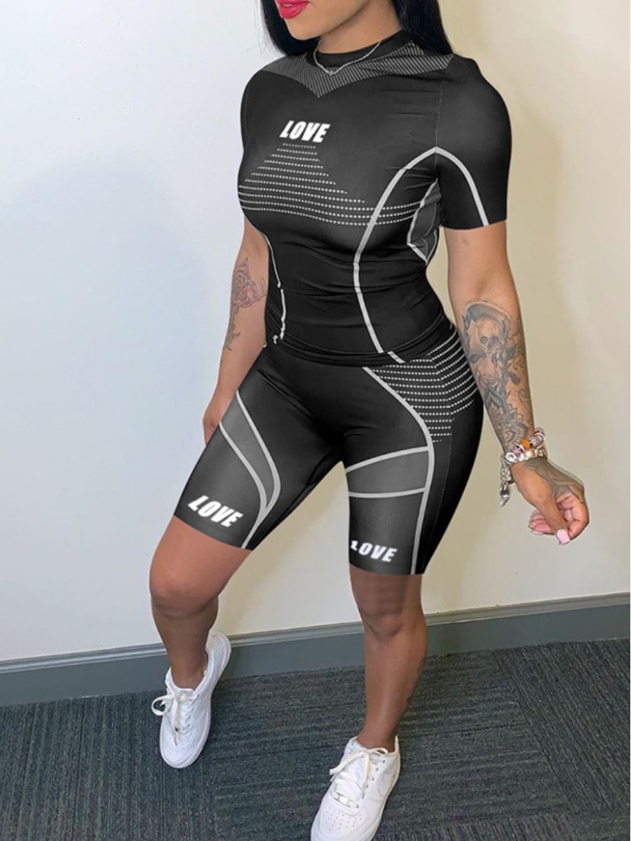 

lovely Sportswear Print Patchwork Black Two-piece Shorts Set
