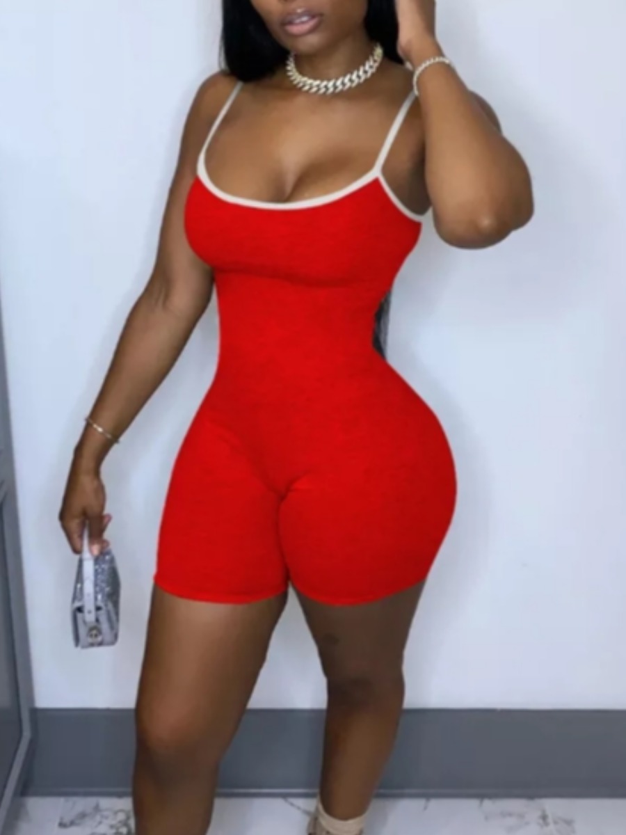 

Lovely Sportswear Spaghetti Strap Patchwork Red One-piece Romper