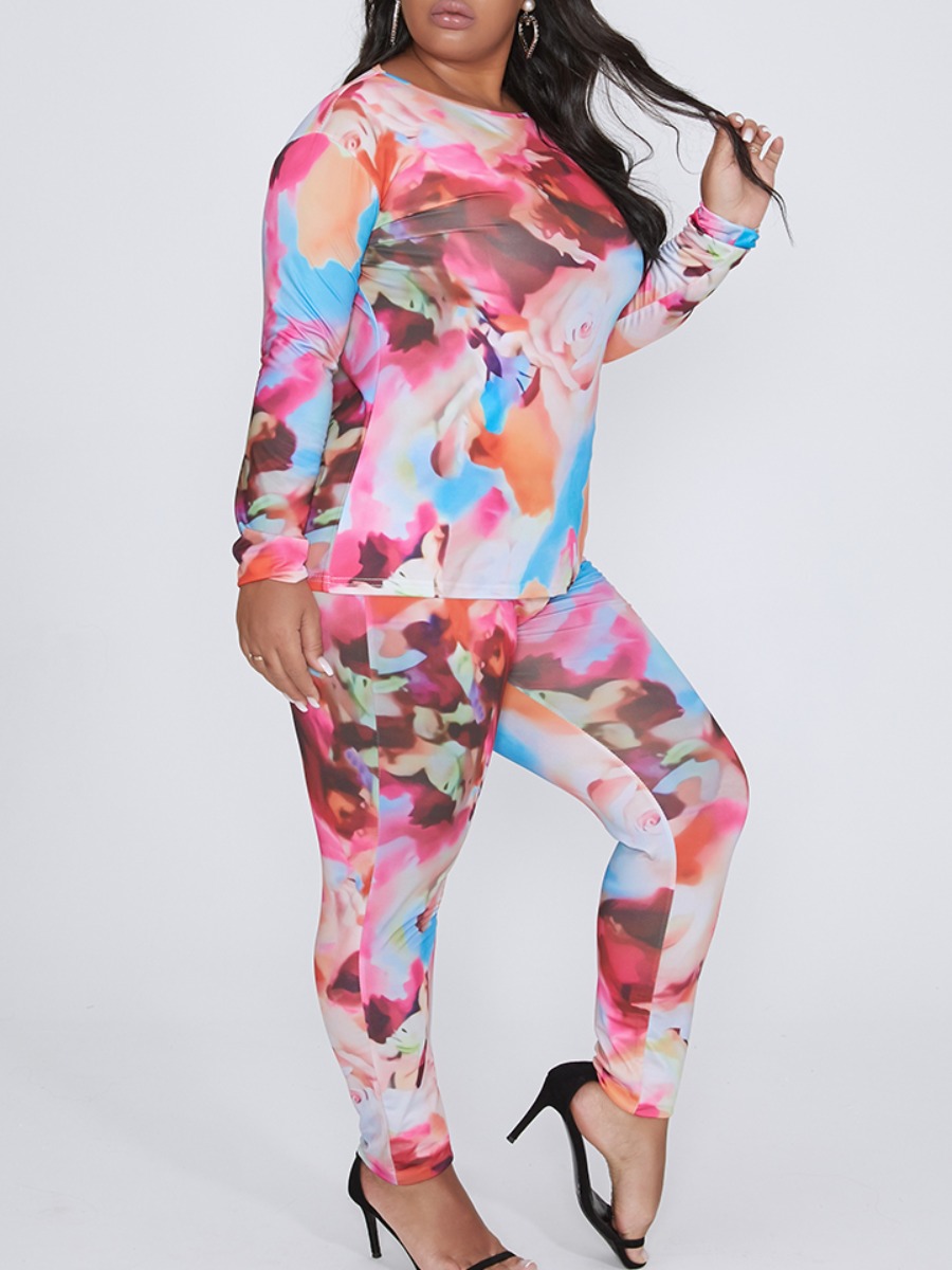 

lovely Casual O Neck Print Pink Plus Size Two-piece Pants Set