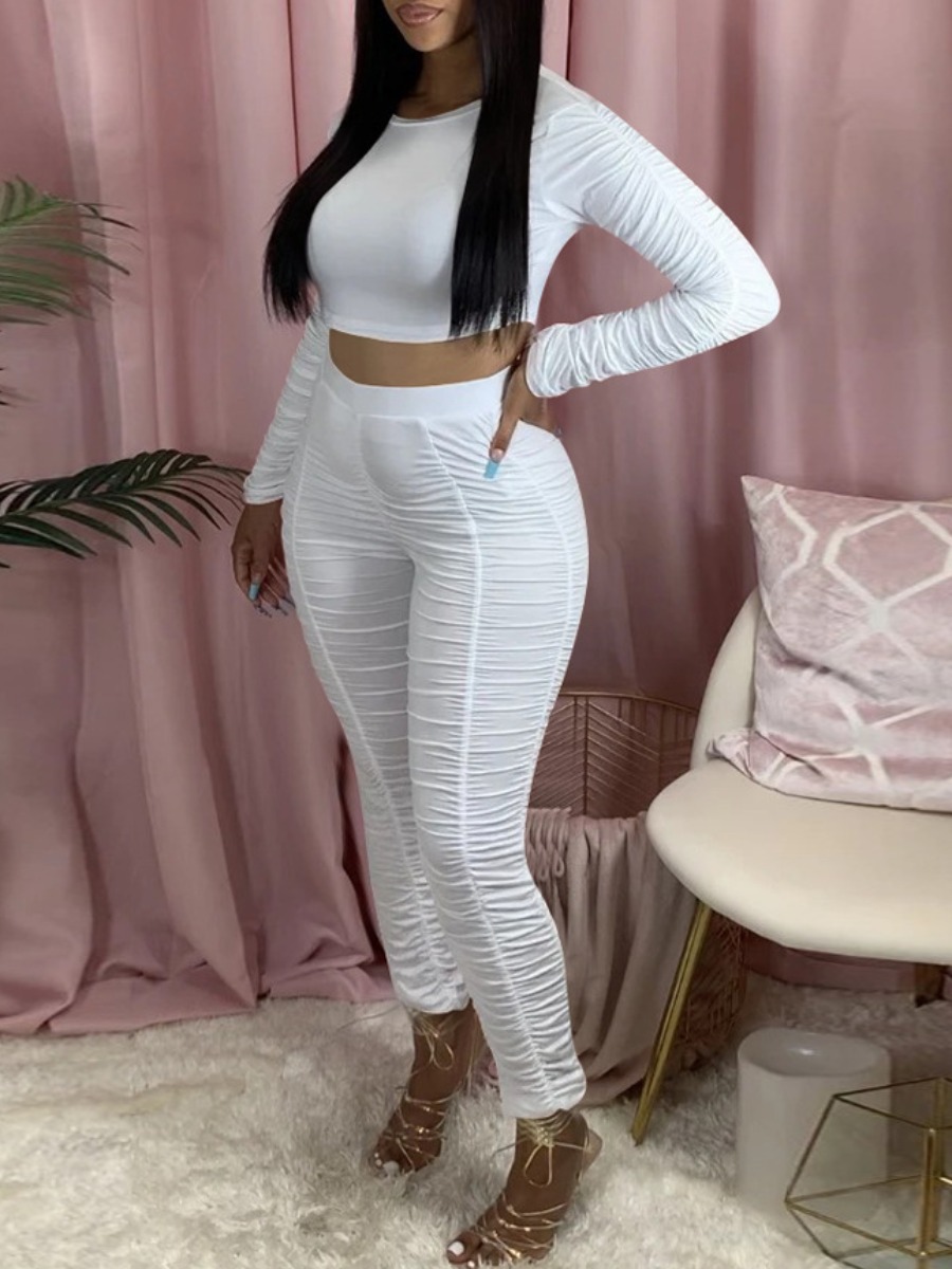 

lovely Casual O Neck Fold Design White Two Piece Pants Set