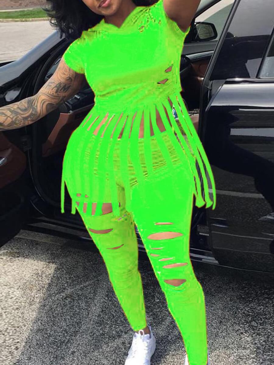 

LW Plus Size Tassel Design Ripped Pants Set, Green